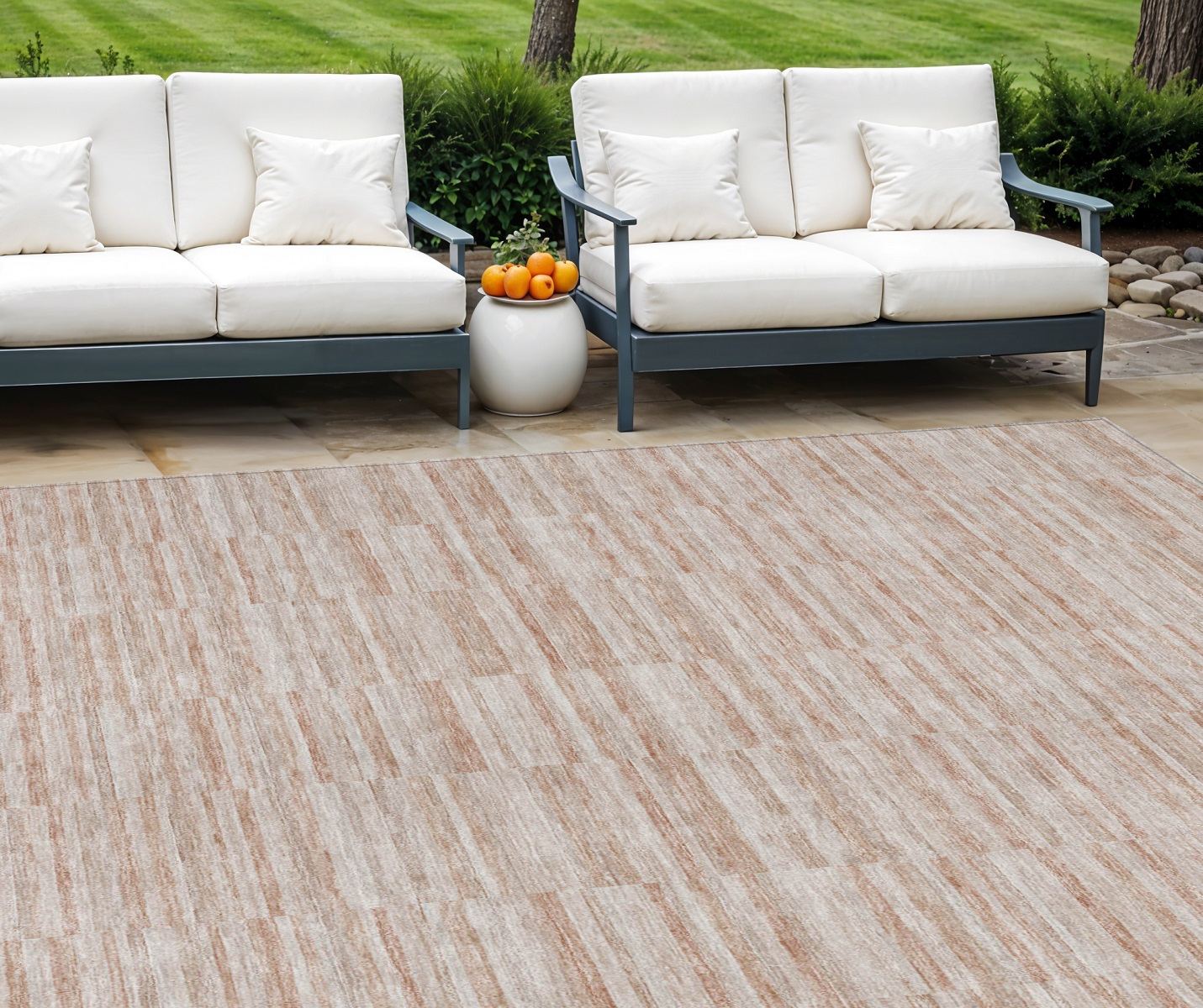 9' X 12' Salmon Copper And Beige Striped Washable Indoor Outdoor Area Rug-587972-1