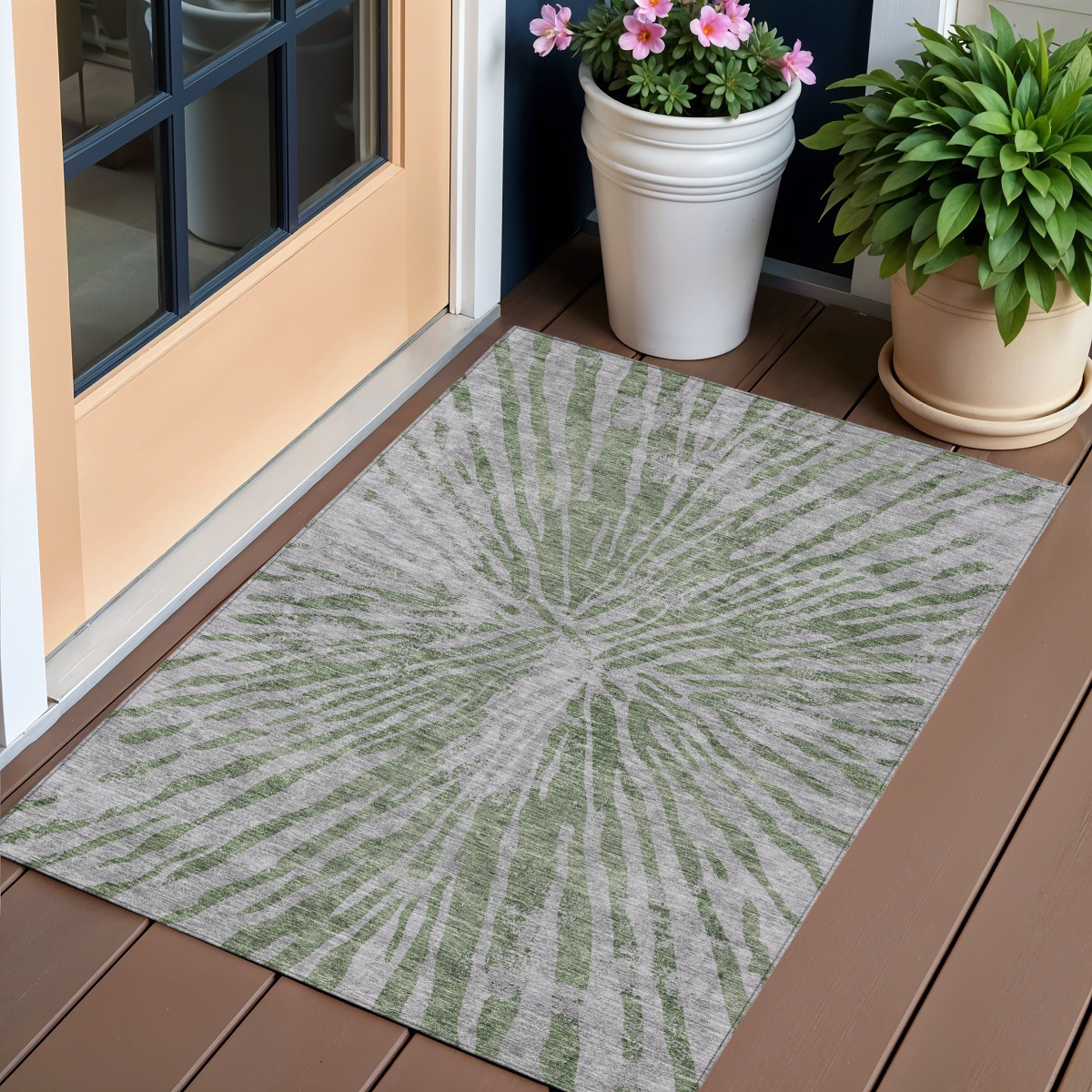 3' X 5' Olive Green Gray And Silver Abstract Washable Indoor Outdoor Area Rug-588016-1