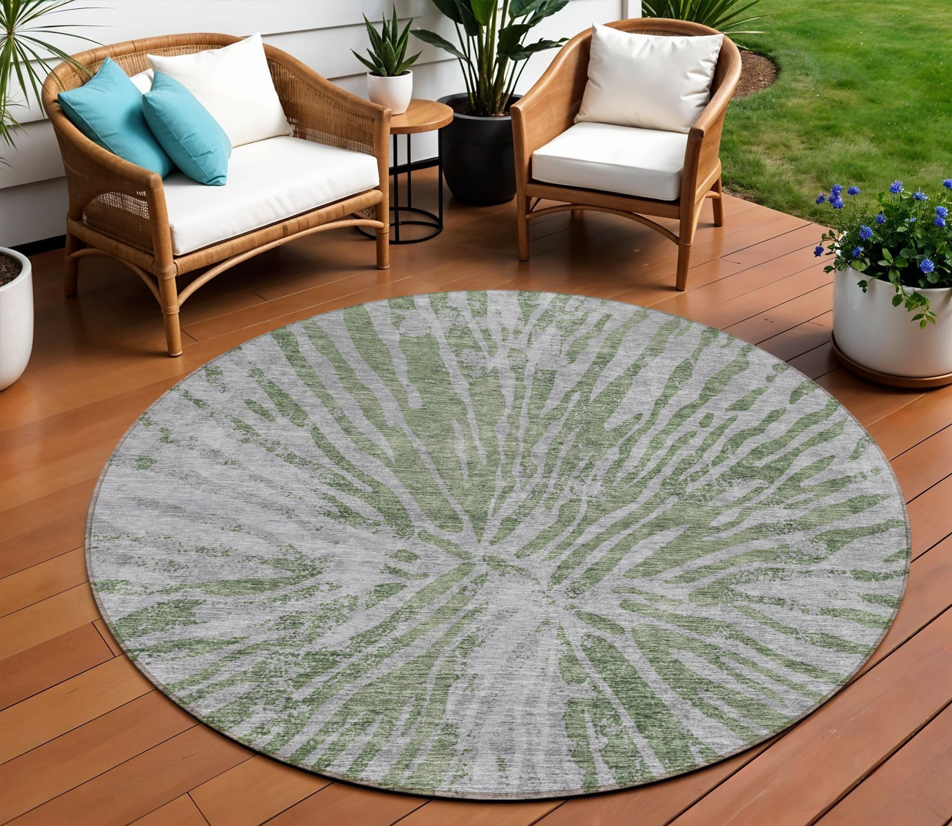 8' Olive Green Gray And Silver Round Abstract Washable Indoor Outdoor Area Rug-588018-1