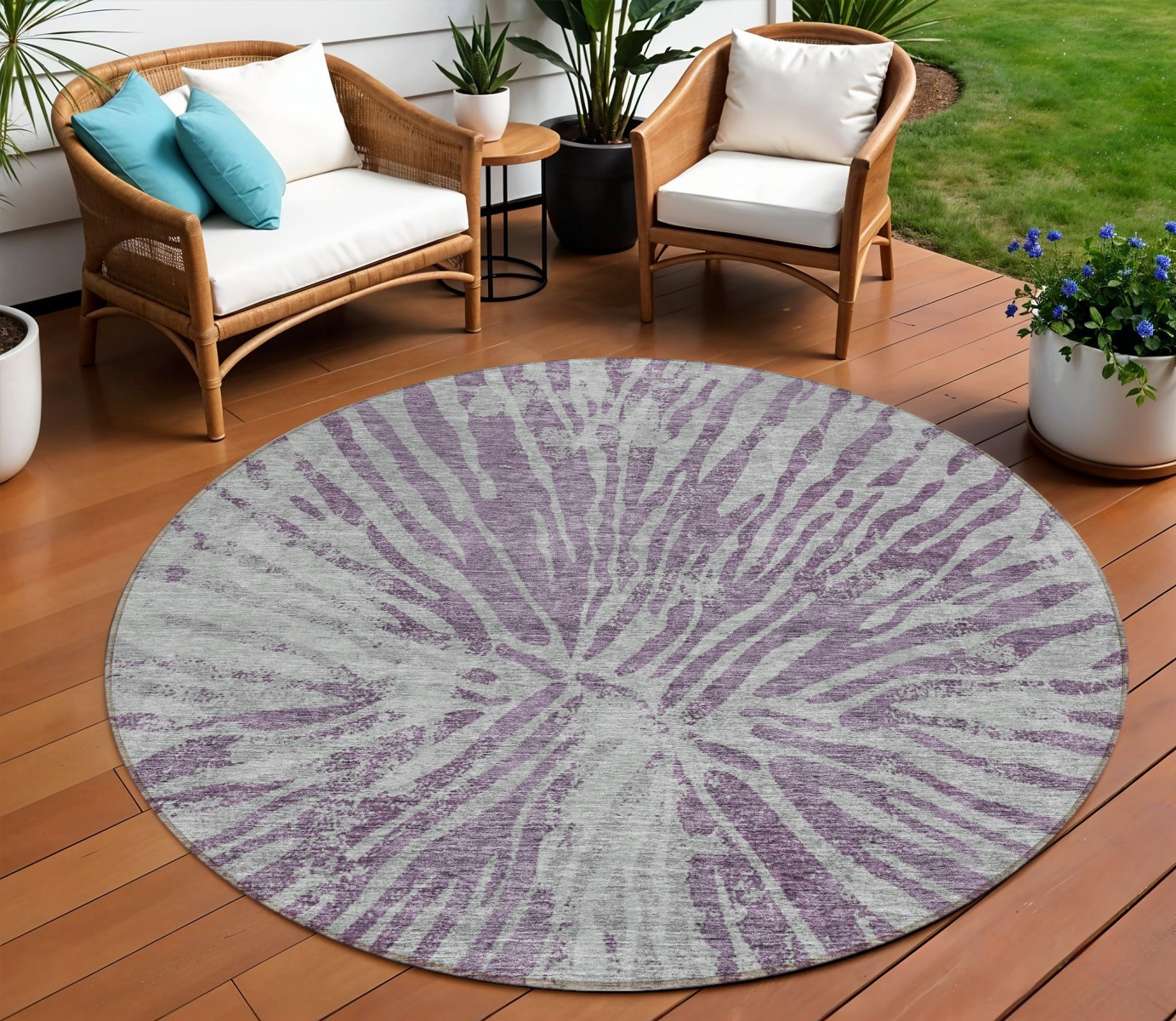 8' Purple And Gray Round Abstract Washable Indoor Outdoor Area Rug-588024-1