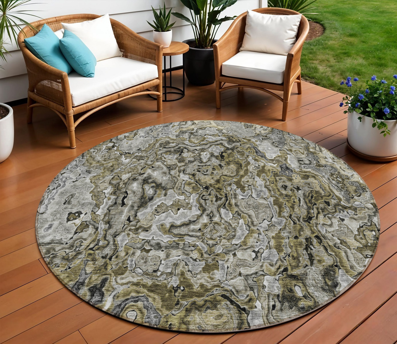 8' Brown Beige And Tan Round Abstract Washable Indoor Outdoor Area Rug-588452-1