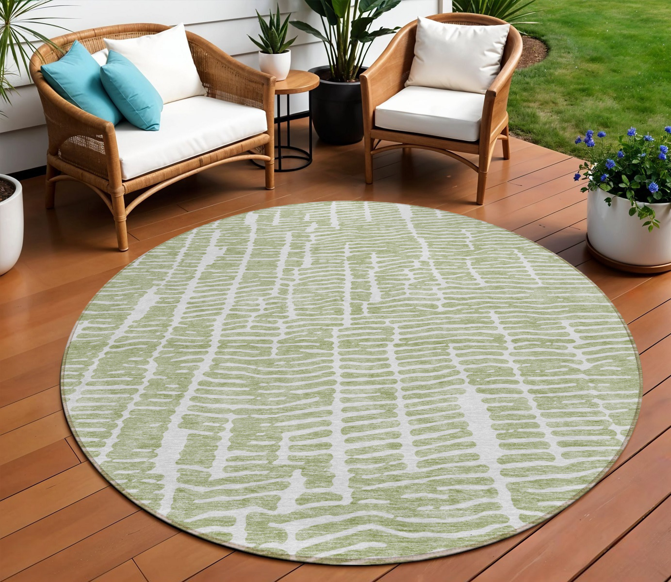 8' Artichoke Green And Ivory Round Abstract Washable Indoor Outdoor Area Rug-588488-1