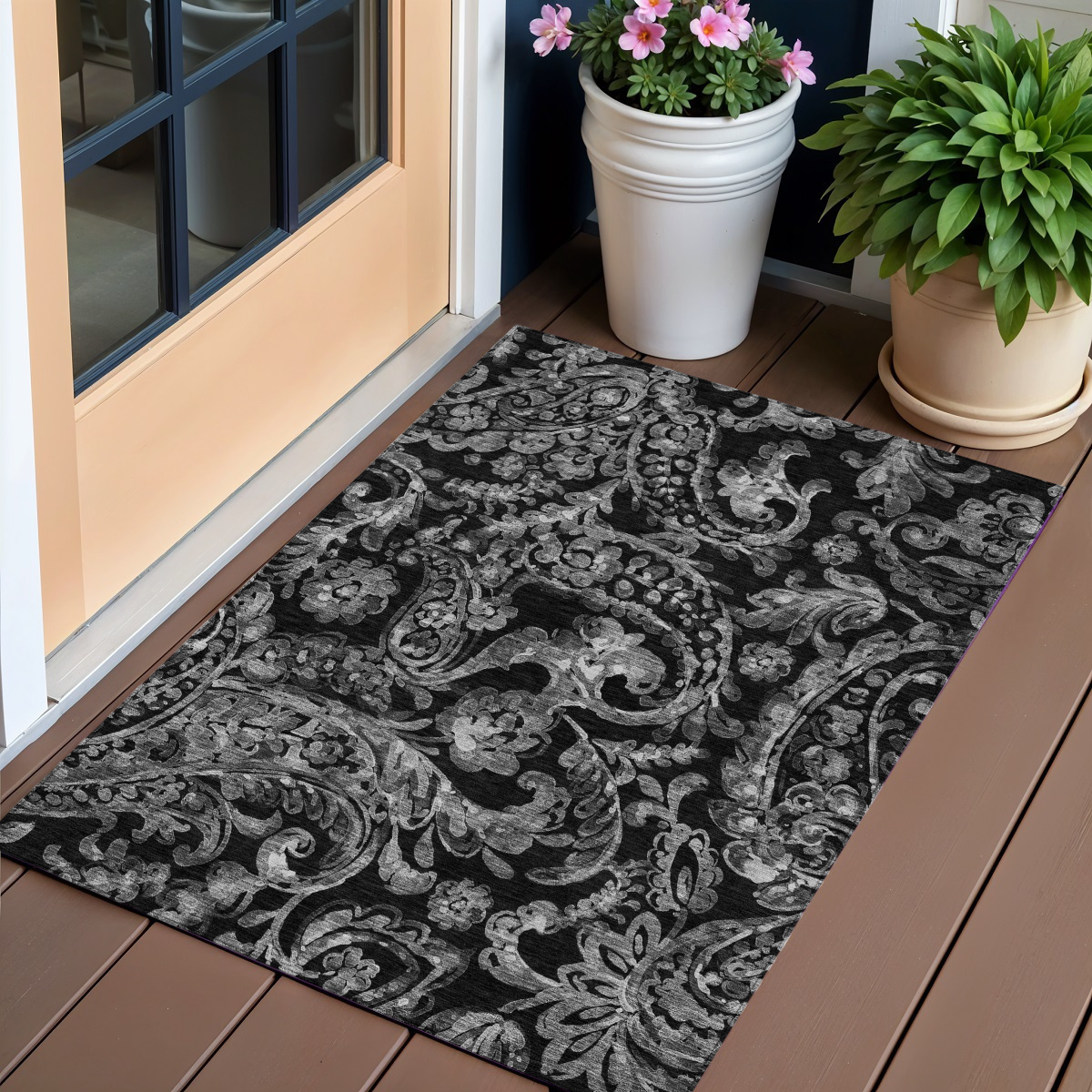 3' X 5' Black Gray And Charcoal Paisley Washable Indoor Outdoor Area Rug-588630-1