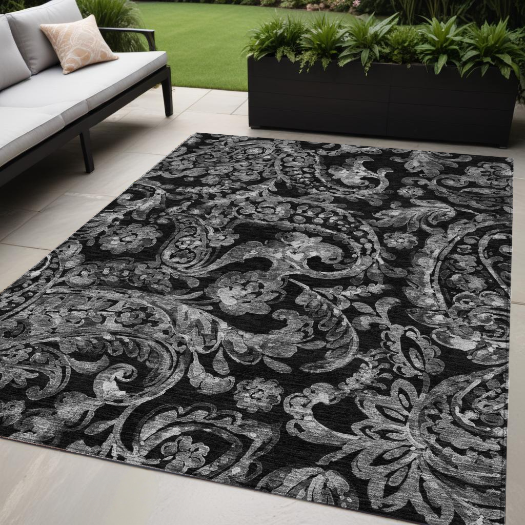 5' X 8' Black Gray And Charcoal Paisley Washable Indoor Outdoor Area Rug-588631-1