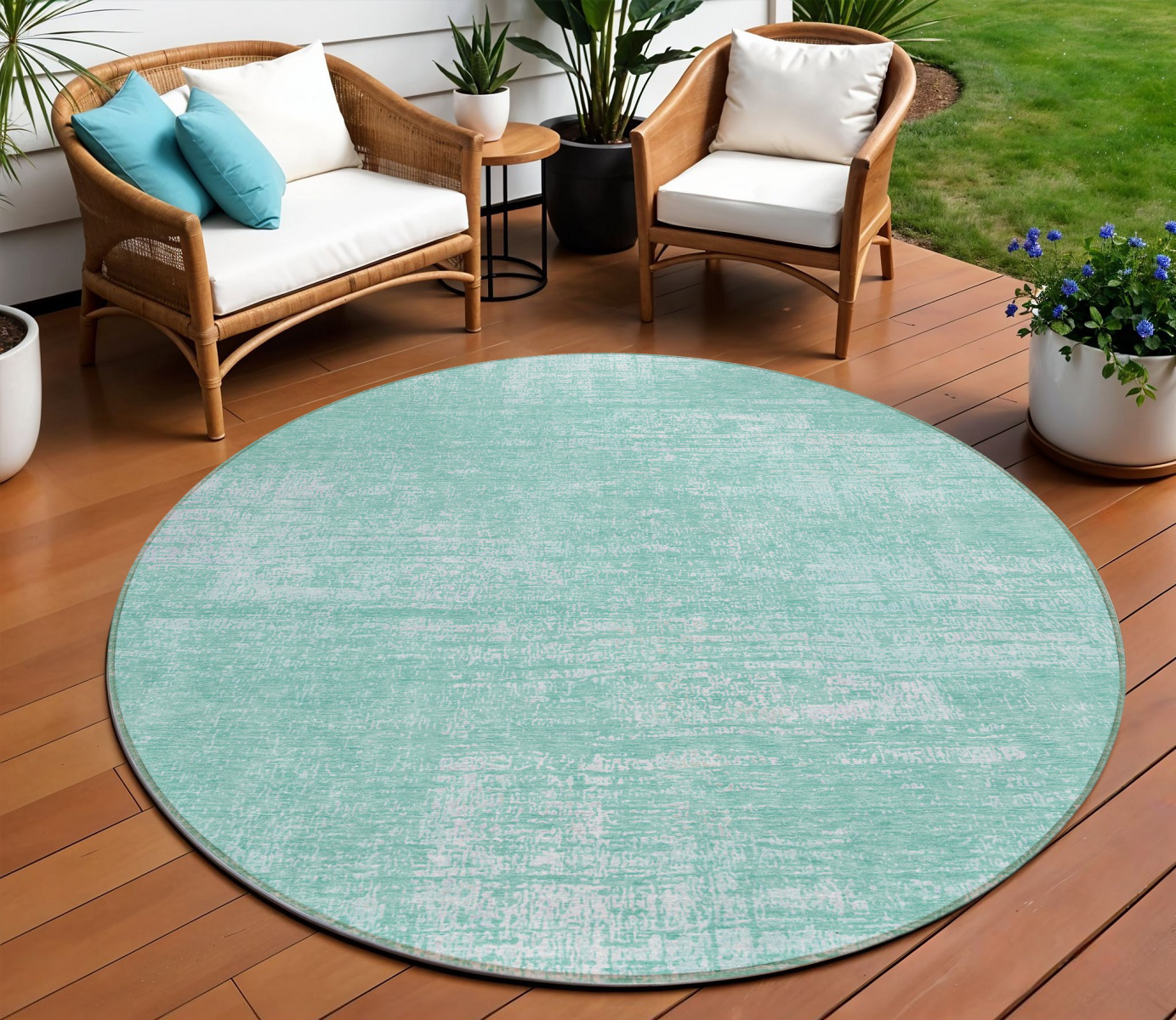 8' Turquoise And Teal Blue Round Abstract Washable Indoor Outdoor Area Rug-588800-1