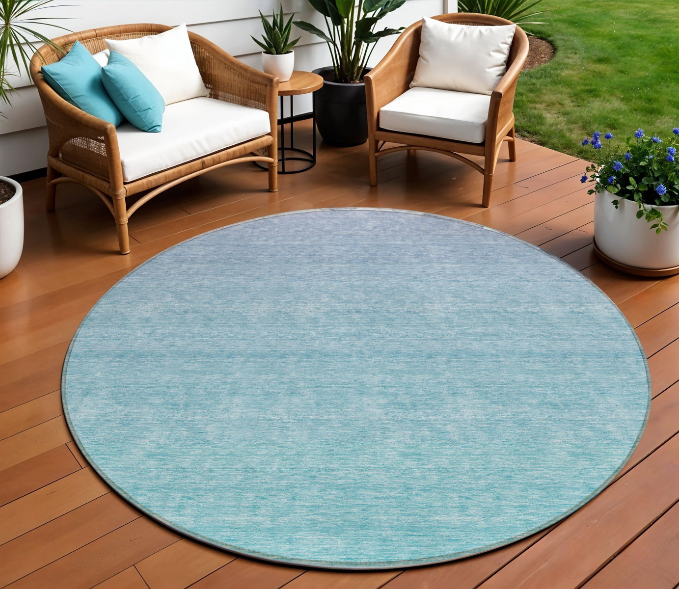 8' Sky Blue And Teal Blue Round Ombre Washable Indoor Outdoor Area Rug-588986-1