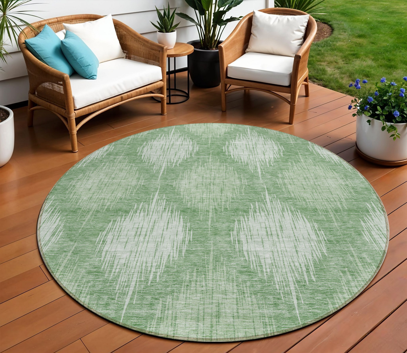 8' Mint Green And Fern Green Round Ikat Washable Indoor Outdoor Area Rug-589160-1