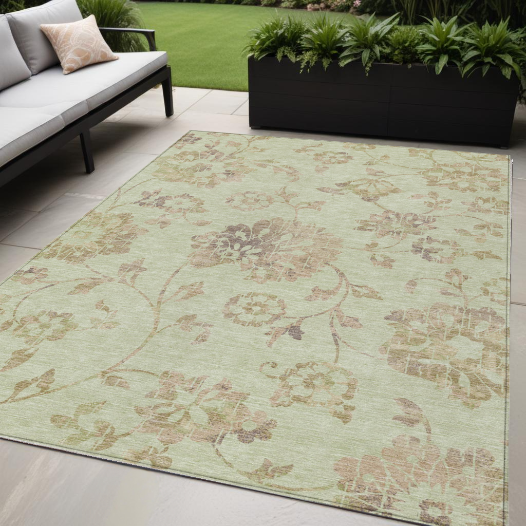 5' X 8' Artichoke Green Mint Green And Taupe Floral Washable Indoor Outdoor Area Rug-589447-1