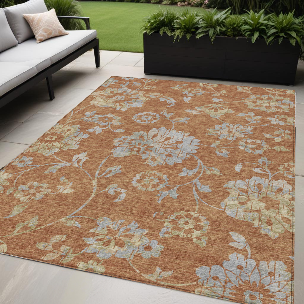 5' X 8' Orange Copper And Gray Floral Washable Indoor Outdoor Area Rug-589495-1