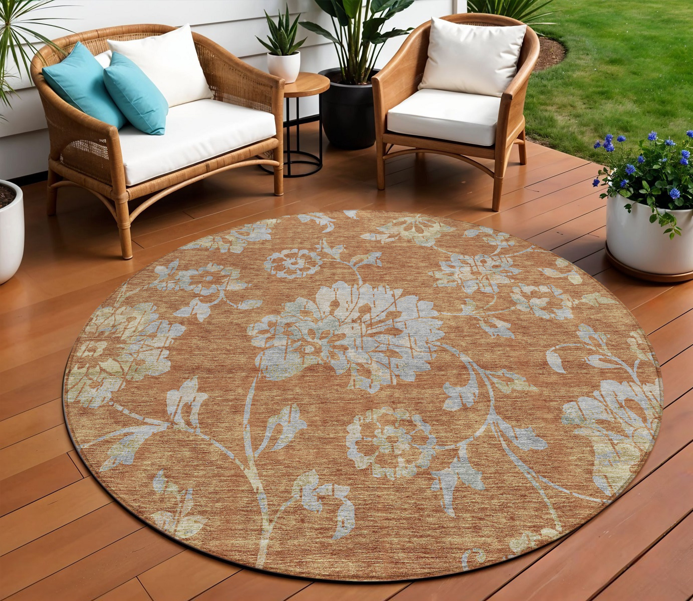 8' Orange Copper And Gray Round Floral Washable Indoor Outdoor Area Rug-589496-1