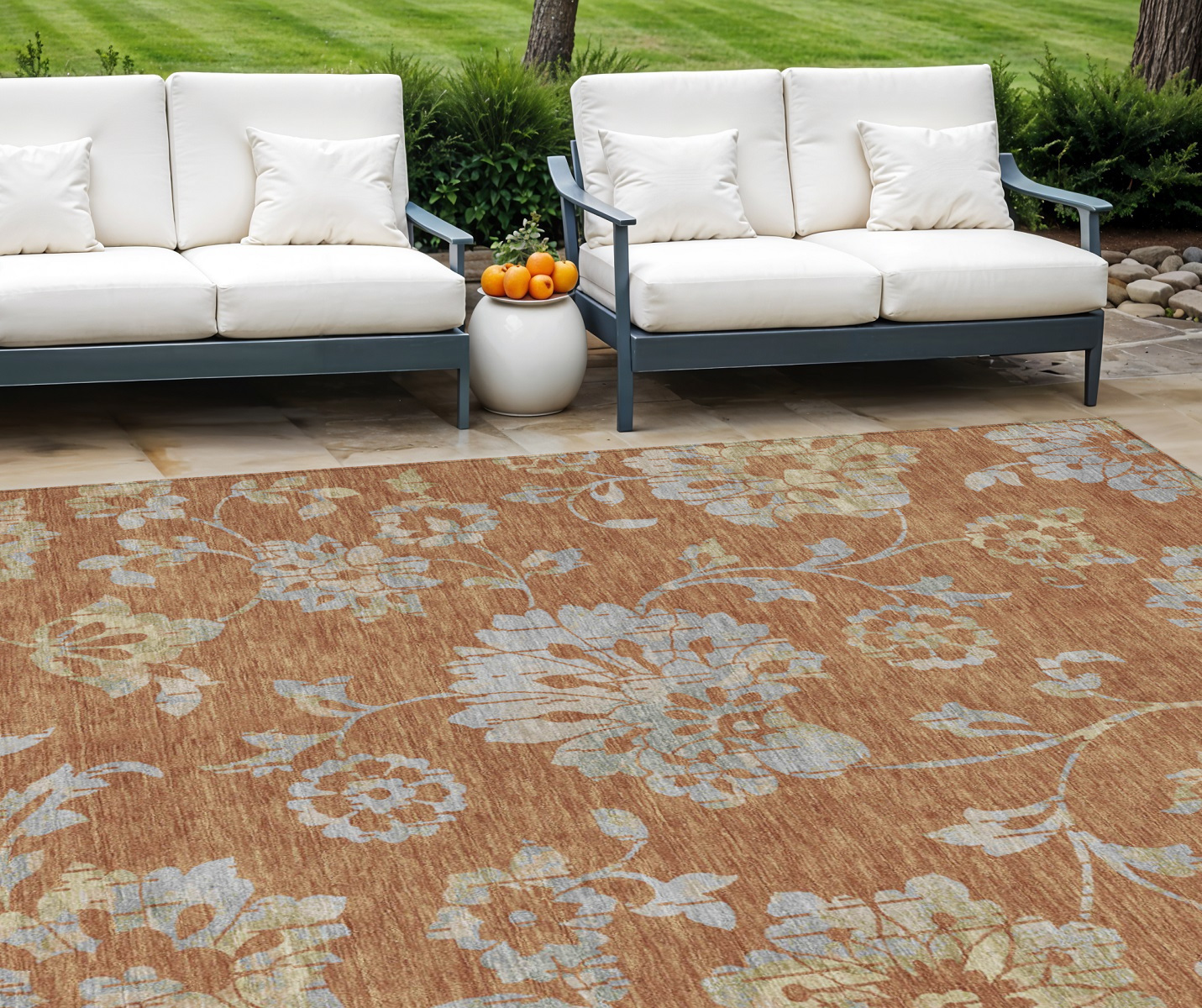 8' X 10' Orange Copper And Gray Floral Washable Indoor Outdoor Area Rug-589497-1