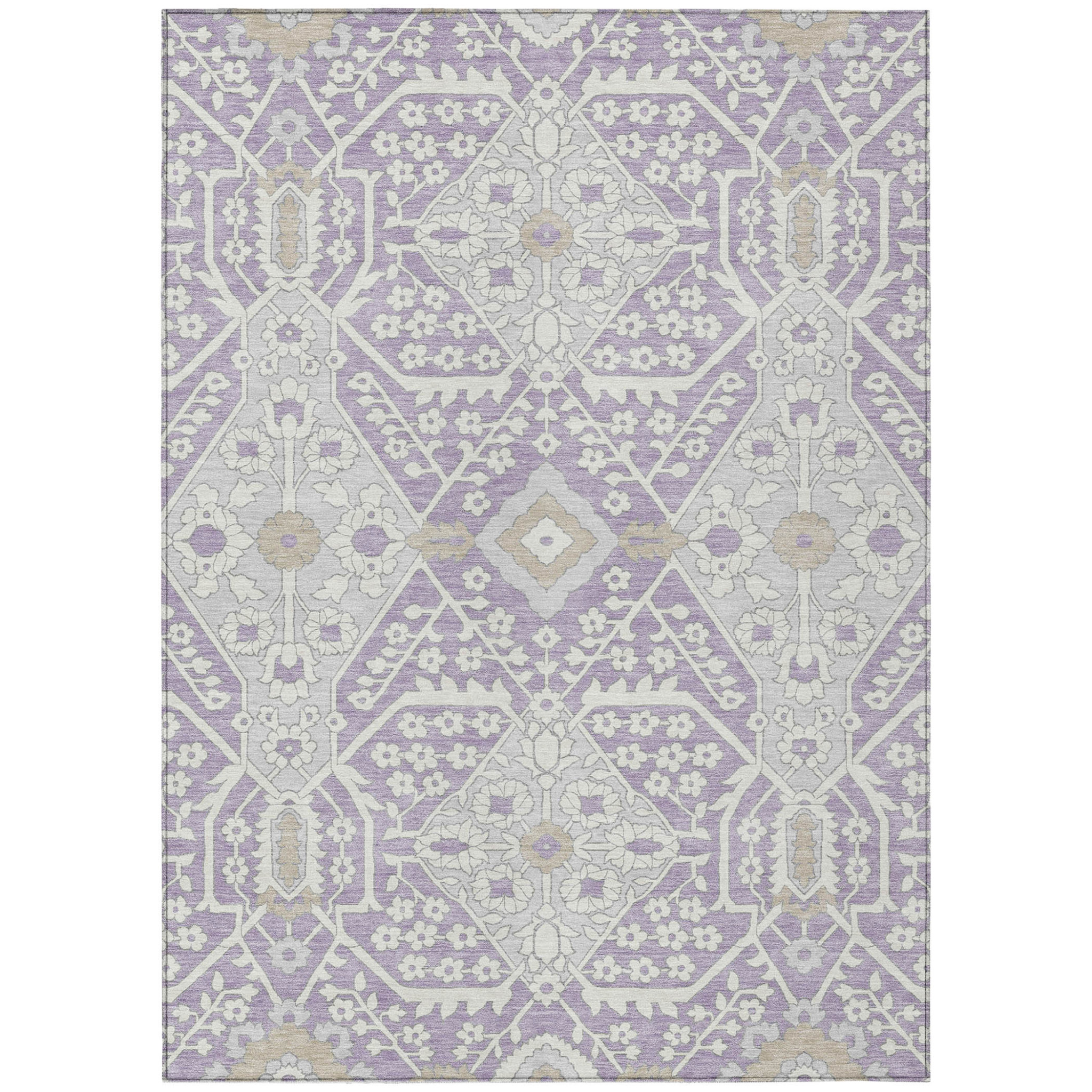 5' X 8' Lavender Gray And Beige Floral Washable Indoor Outdoor Area Rug-590065-1