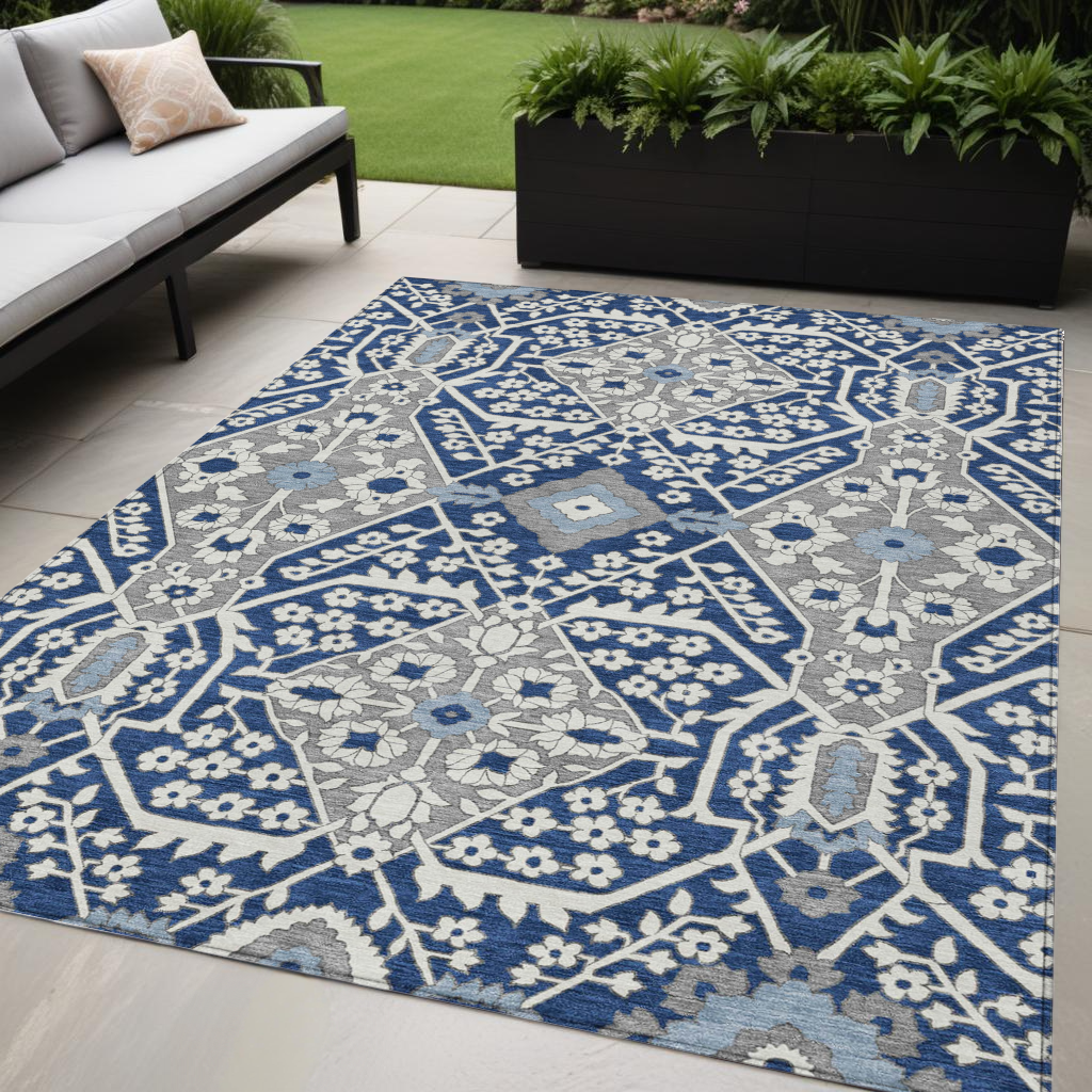5' X 8' Navy Blue Gray And Ivory Floral Washable Indoor Outdoor Area Rug-590071-1