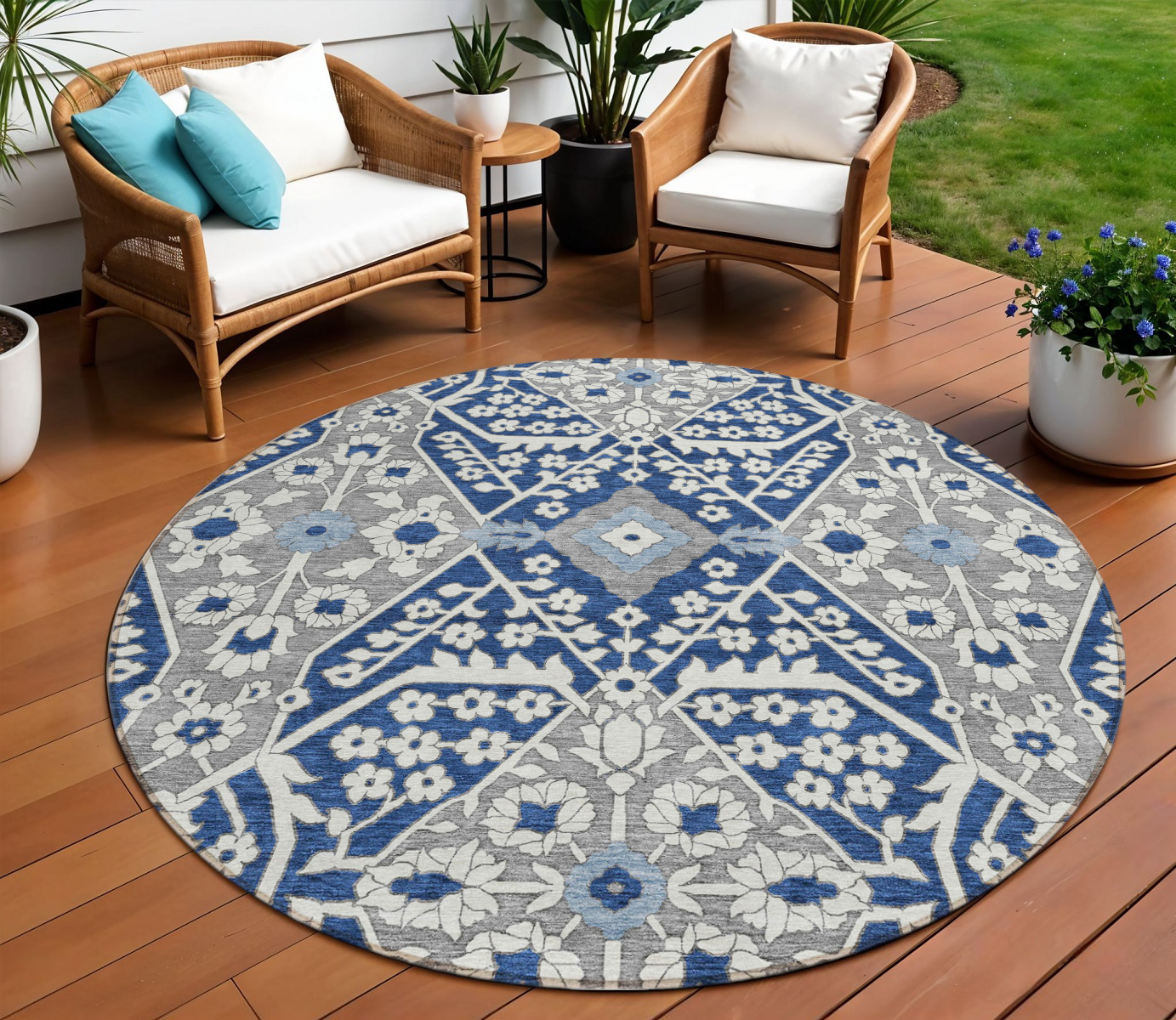 8' Navy Blue Gray And Ivory Round Floral Washable Indoor Outdoor Area Rug-590072-1