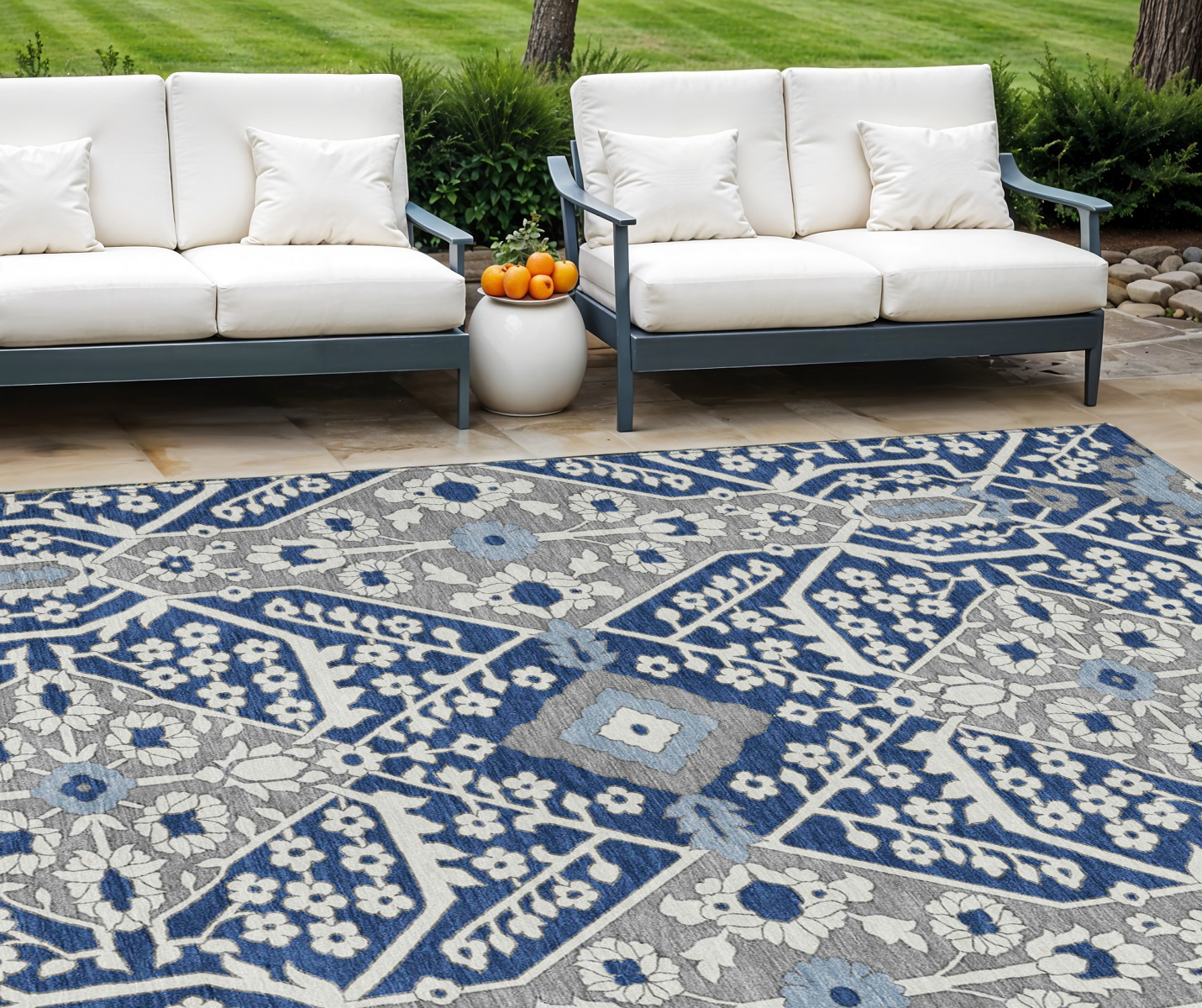 10' X 14' Navy Blue Gray And Ivory Floral Washable Indoor Outdoor Area Rug-590075-1
