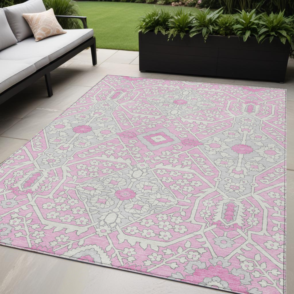 5' X 8' Pink Ivory And Gray Floral Washable Indoor Outdoor Area Rug-590077-1