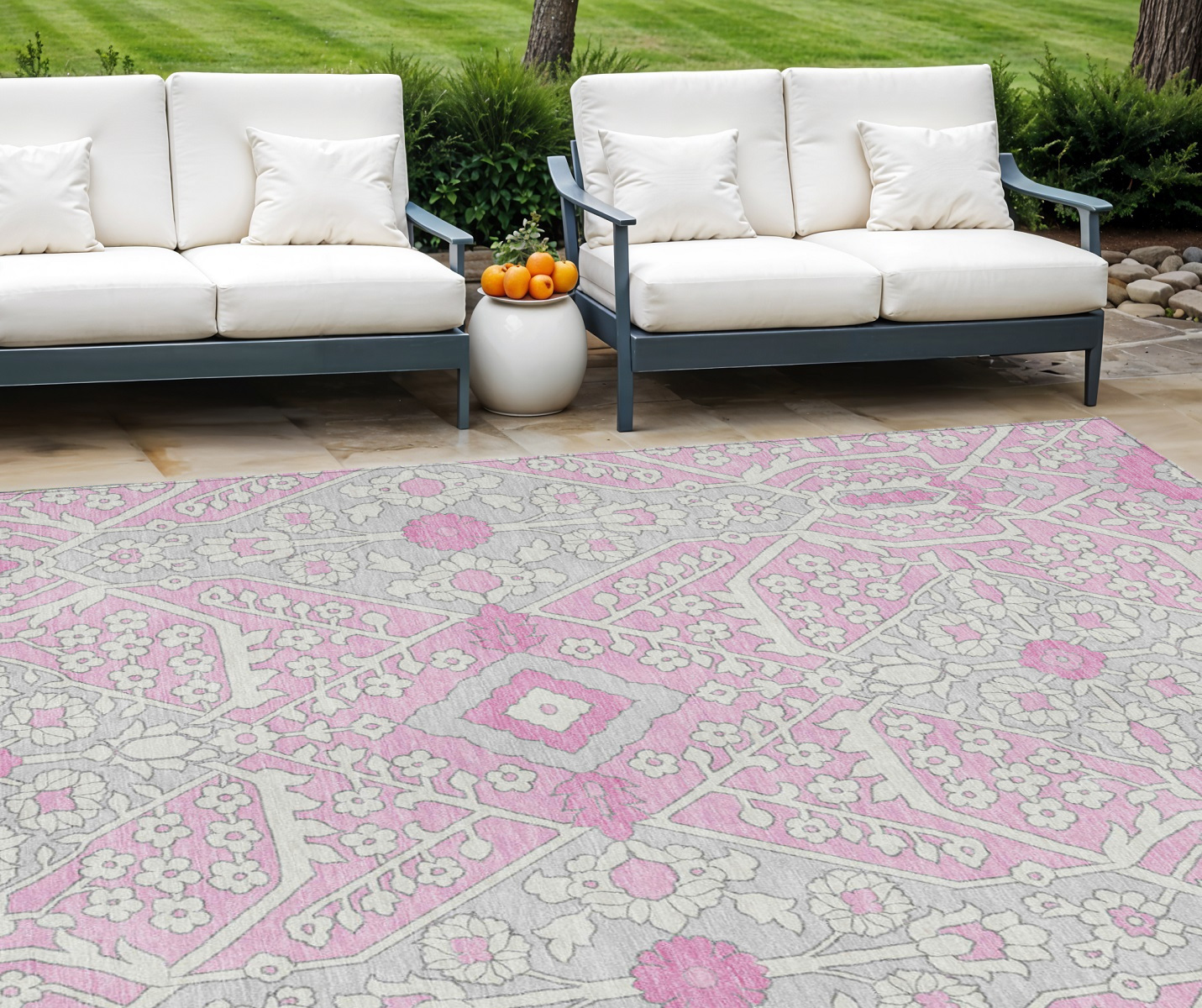 9' X 12' Pink Ivory And Gray Floral Washable Indoor Outdoor Area Rug-590080-1