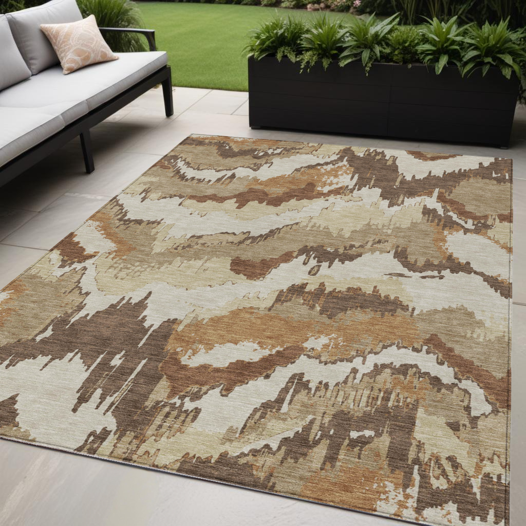 5' X 8' Brown And Beige Abstract Washable Indoor Outdoor Area Rug-590161-1