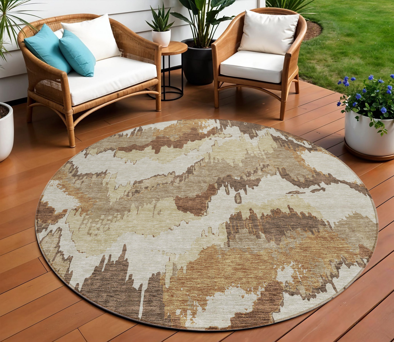 8' Brown And Beige Round Abstract Washable Indoor Outdoor Area Rug-590162-1