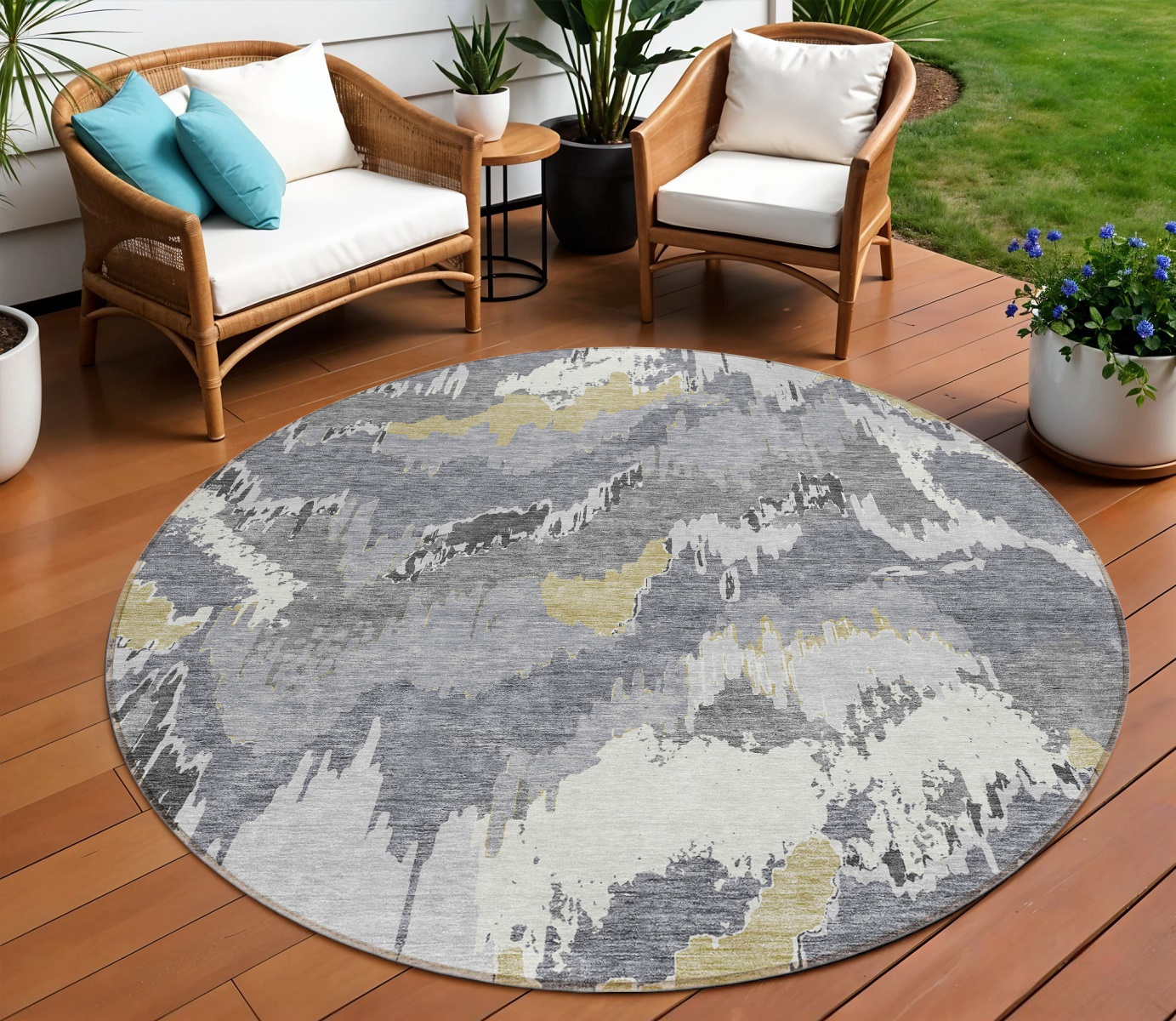 8' Gray Silver And Charcoal Round Abstract Washable Indoor Outdoor Area Rug-590180-1