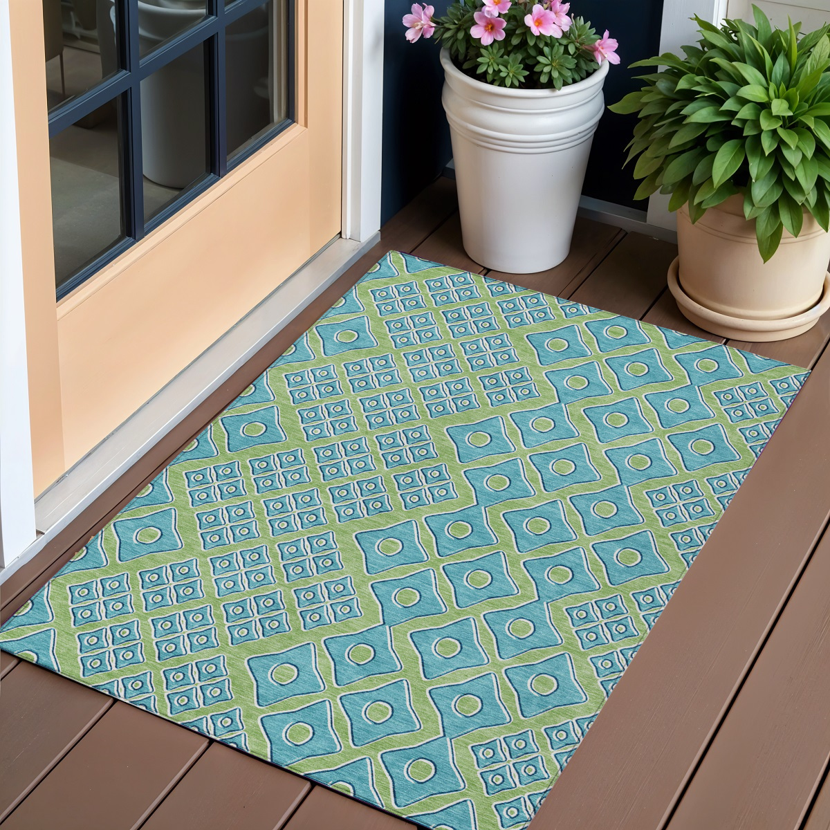 3' X 5' Artichoke Green And Aqua Geometric Washable Indoor Outdoor Area Rug-590703-1