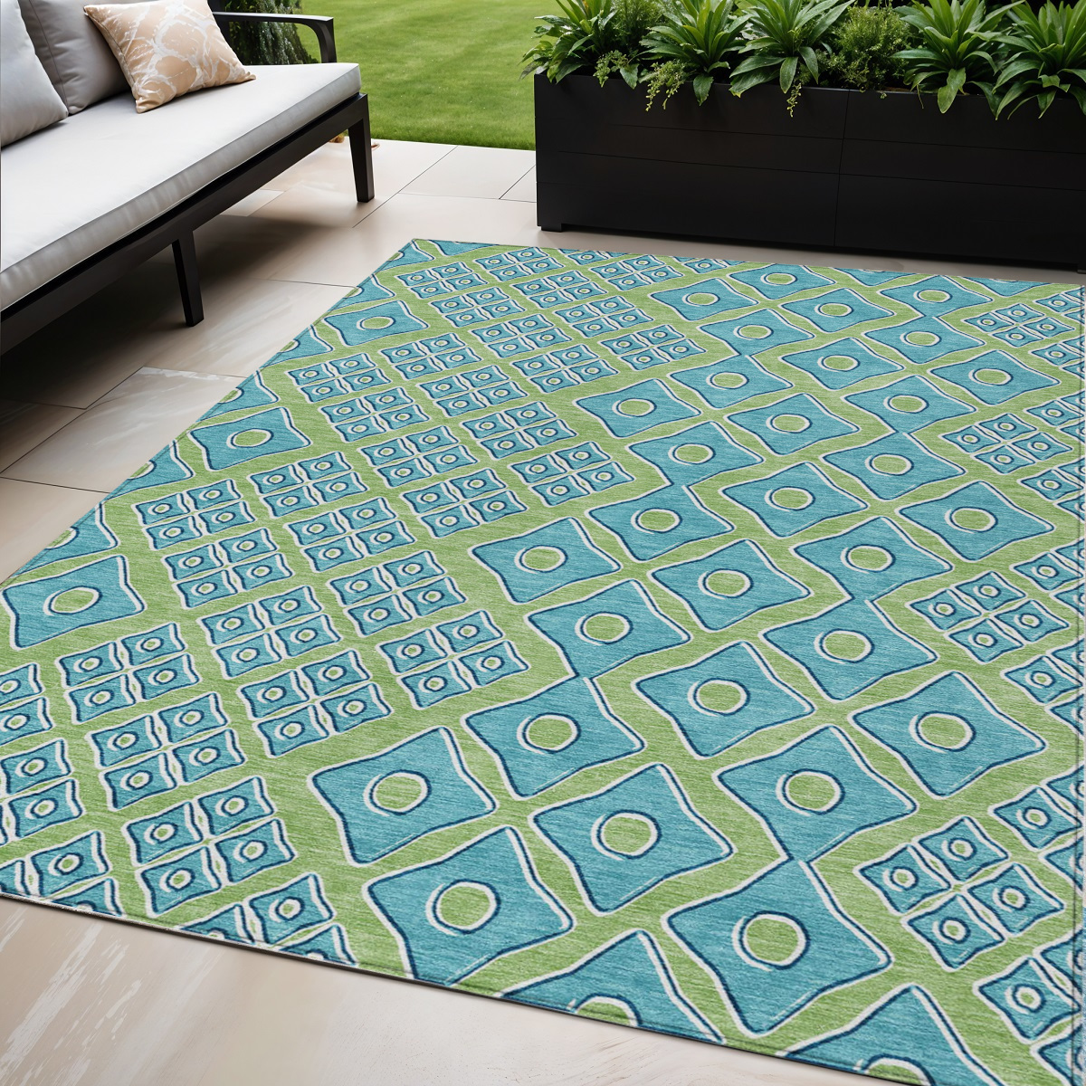 5' X 8' Artichoke Green And Aqua Geometric Washable Indoor Outdoor Area Rug-590704-1