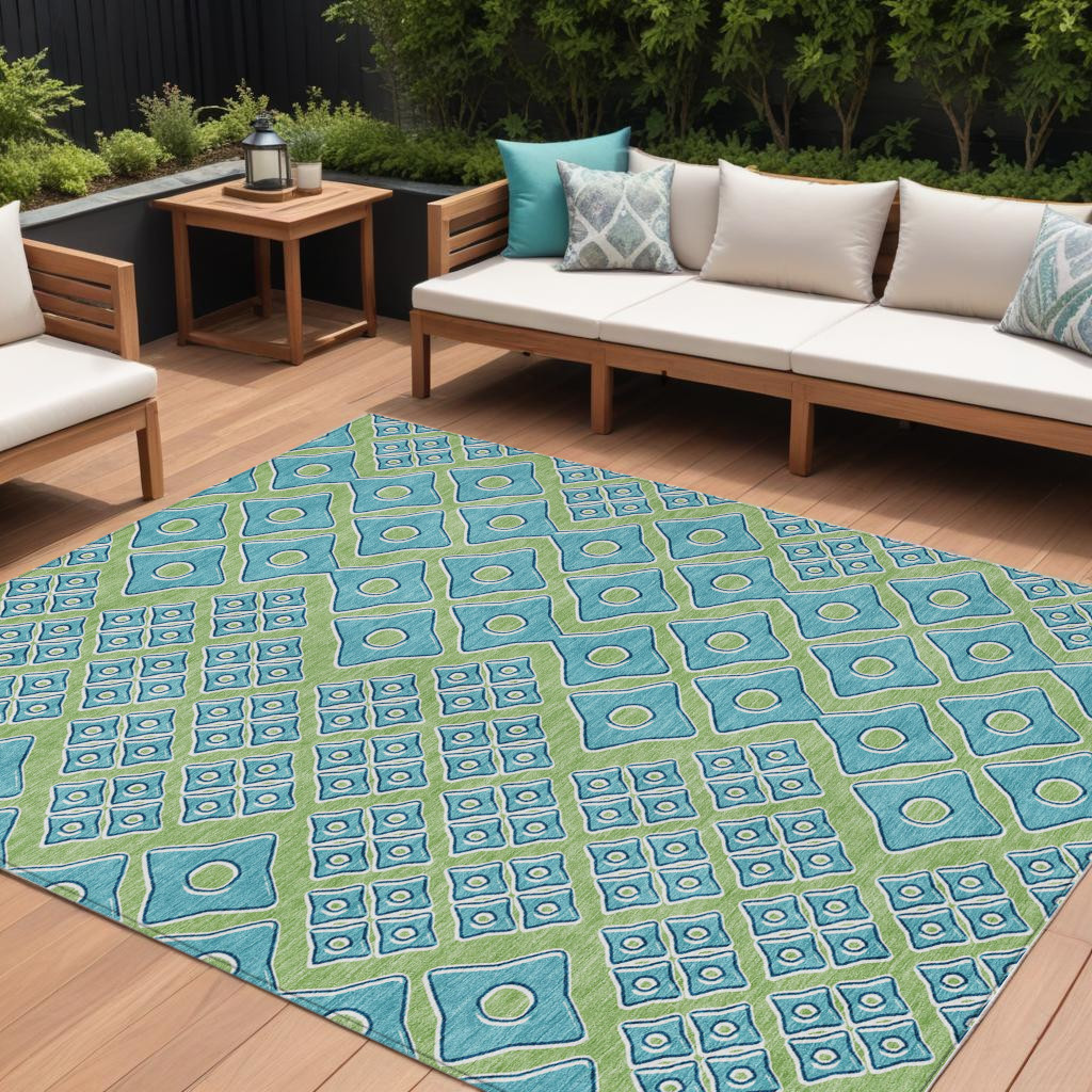 8' X 10' Artichoke Green And Aqua Geometric Washable Indoor Outdoor Area Rug-590706-1