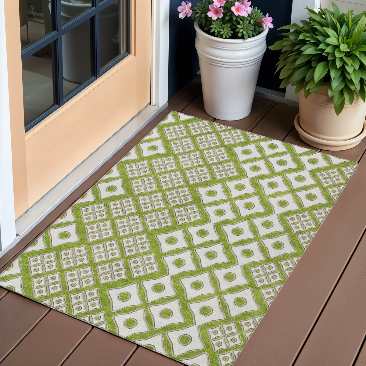 3' X 5' Lime Green And Ivory Geometric Washable Indoor Outdoor Area Rug-590745-1