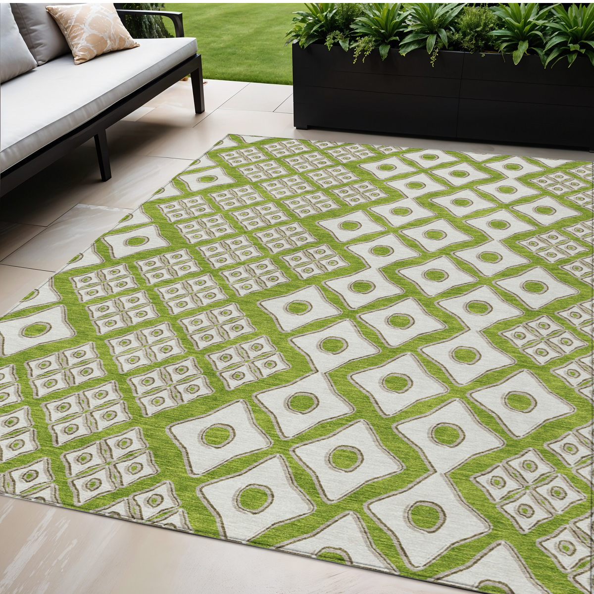 5' X 8' Lime Green And Ivory Geometric Washable Indoor Outdoor Area Rug-590746-1