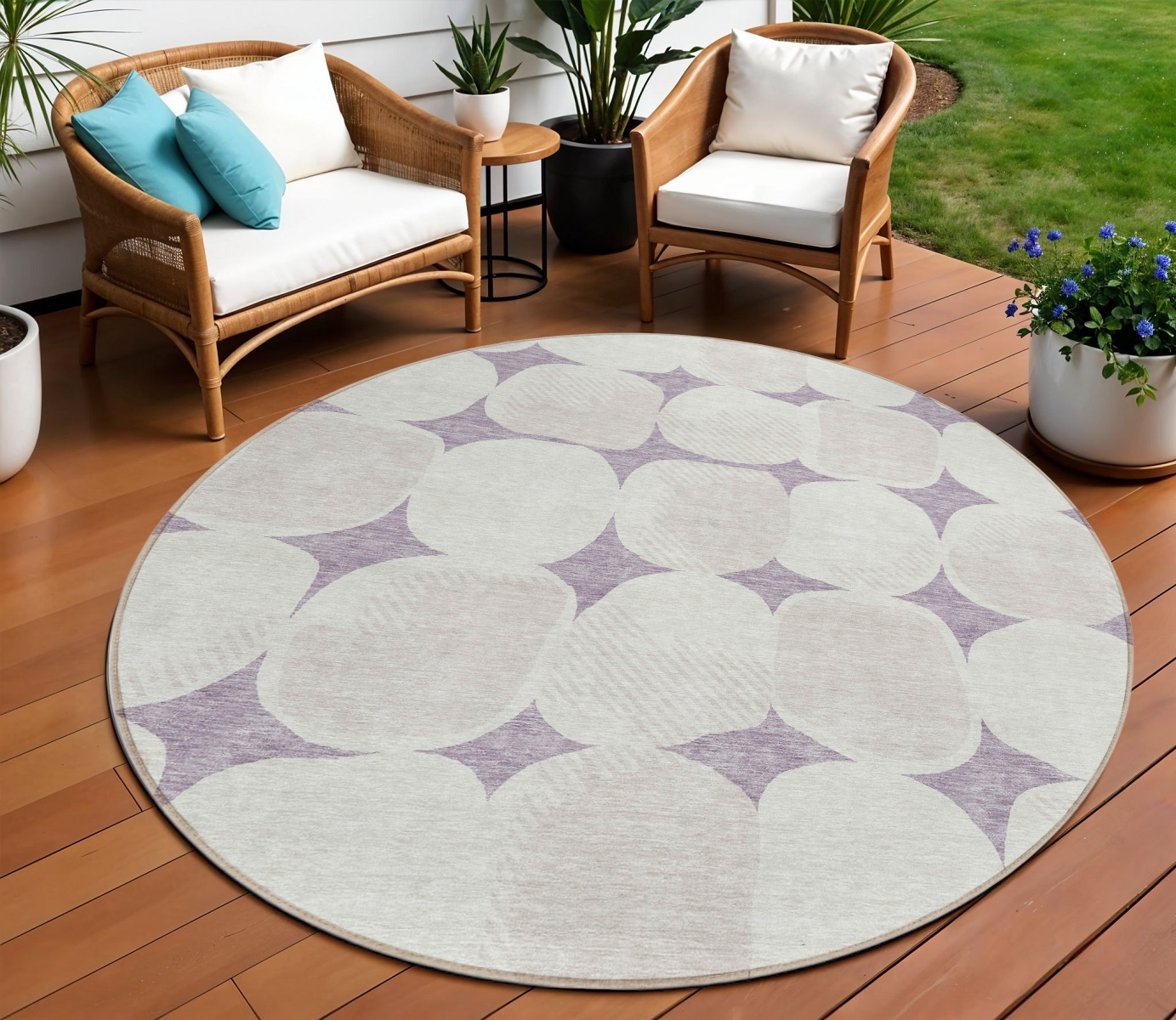 8' Lavender Beige And Ivory Round Abstract Washable Indoor Outdoor Area Rug-591041-1