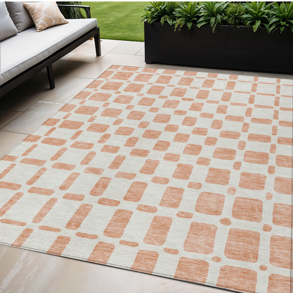 5' X 8' Peach And Beige Geometric Washable Indoor Outdoor Area Rug-591130-1