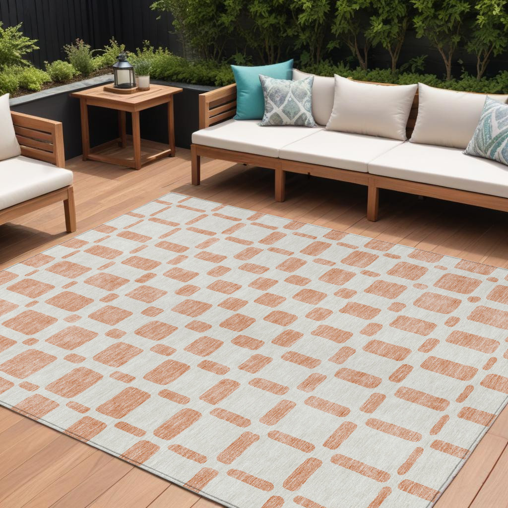 9' X 12' Peach And Beige Geometric Washable Indoor Outdoor Area Rug-591133-1