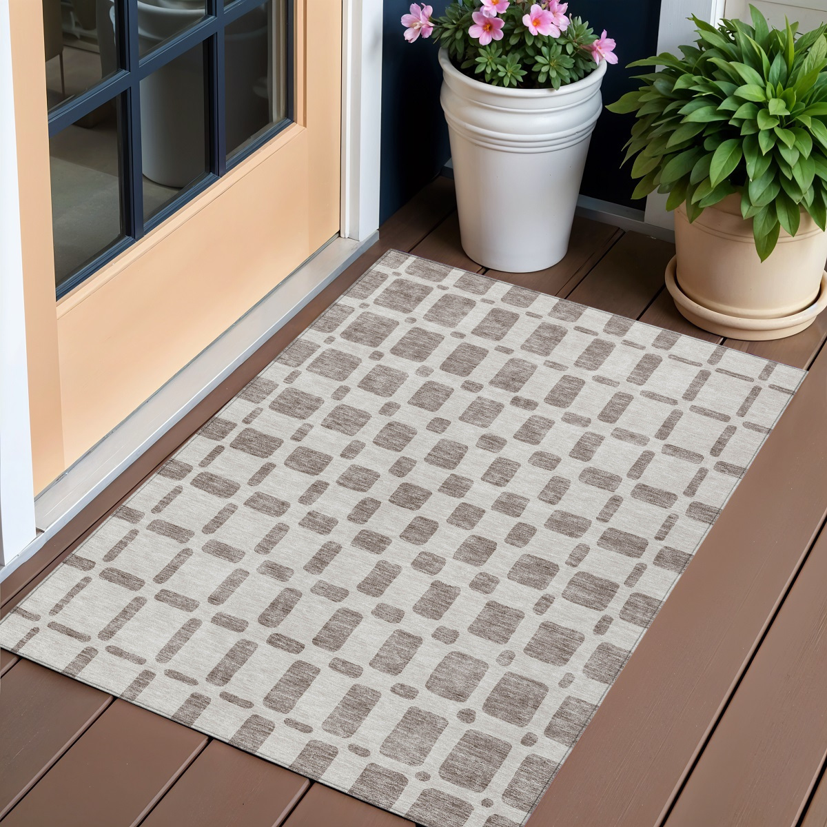 3' X 5' Taupe And Beige Geometric Washable Indoor Outdoor Area Rug-591153-1