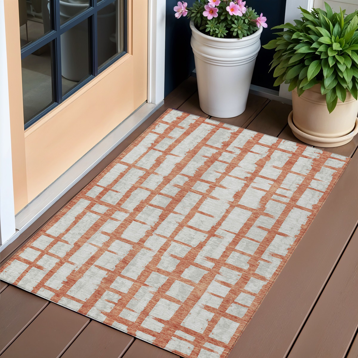 3' X 5' Coral And Gray Striped Washable Indoor Outdoor Area Rug-591189-1