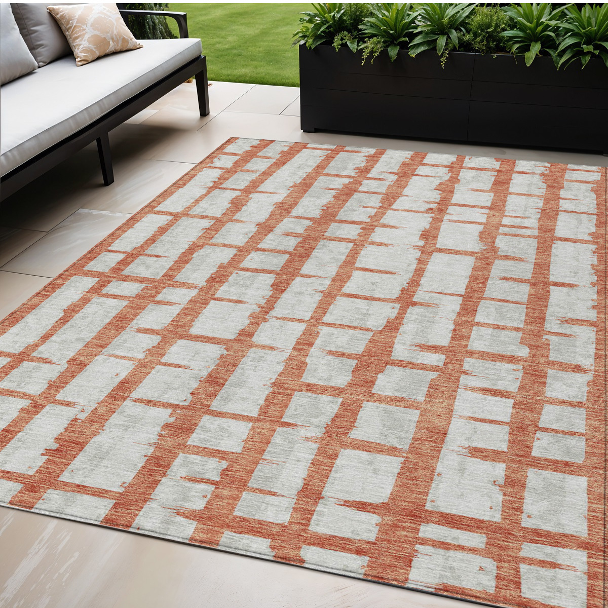 5' X 8' Coral And Gray Striped Washable Indoor Outdoor Area Rug-591190-1