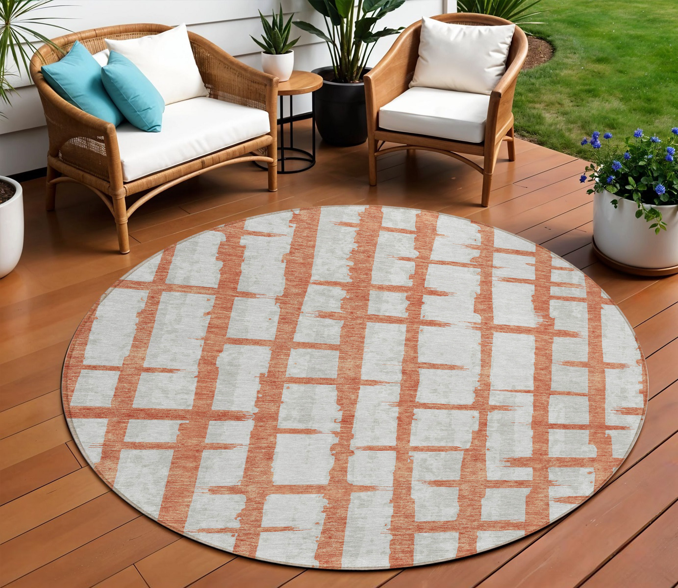 8' Coral And Gray Round Striped Washable Indoor Outdoor Area Rug-591191-1