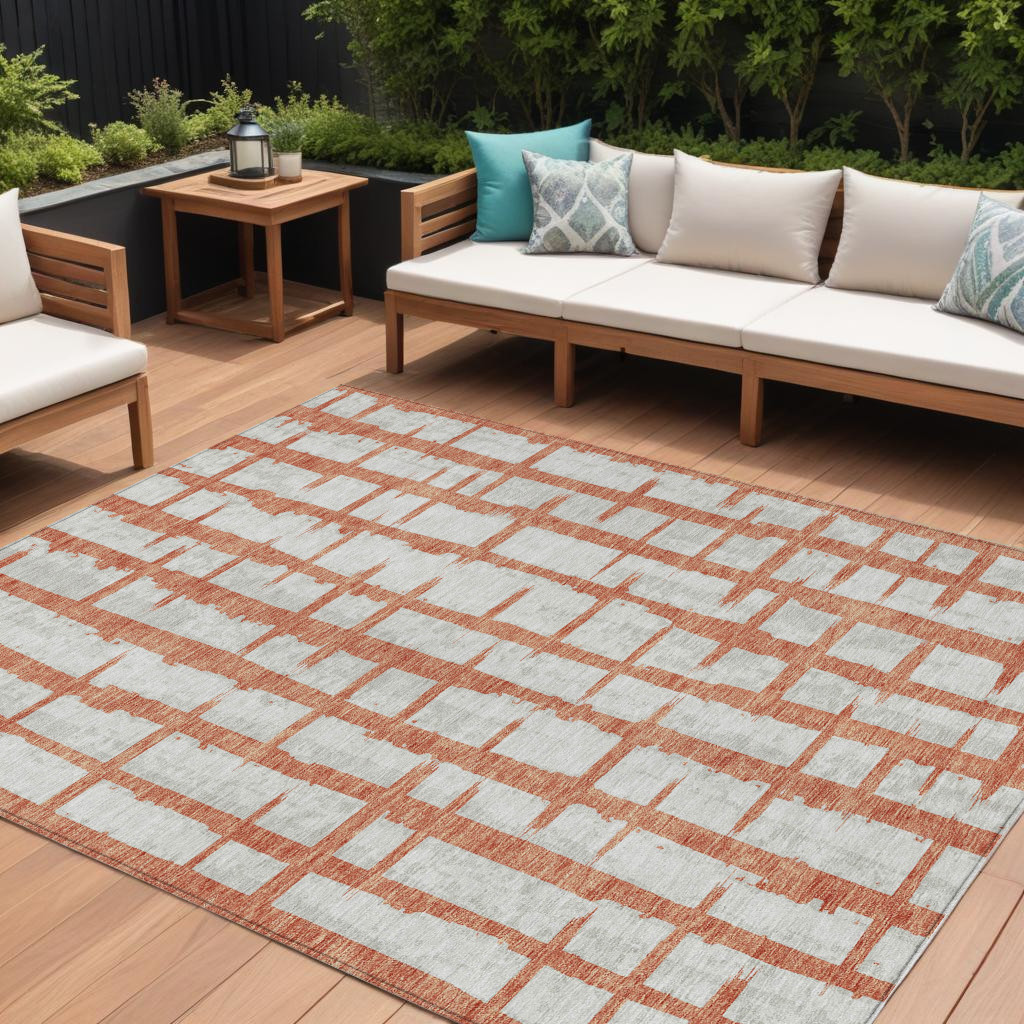 10' X 14' Coral And Gray Striped Washable Indoor Outdoor Area Rug-591194-1
