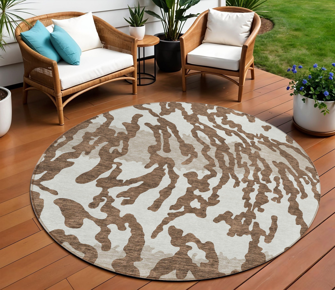 8' Chocolate Beige And Ivory Round Animal Print Washable Indoor Outdoor Area Rug-591263-1
