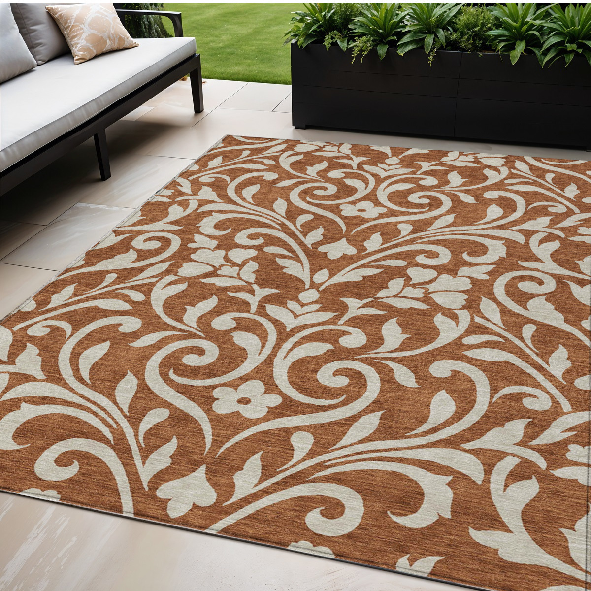 5' X 8' Brown And Beige Floral Washable Indoor Outdoor Area Rug-591472-1