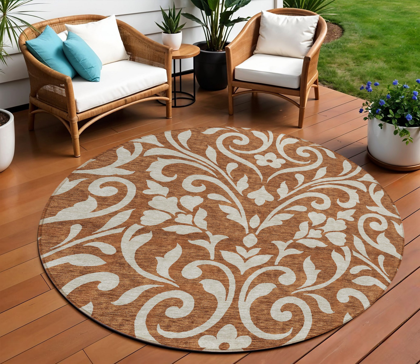 8' Brown And Beige Round Floral Washable Indoor Outdoor Area Rug-591473-1