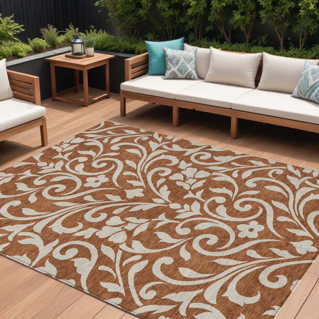 8' X 10' Brown And Beige Floral Washable Indoor Outdoor Area Rug-591474-1