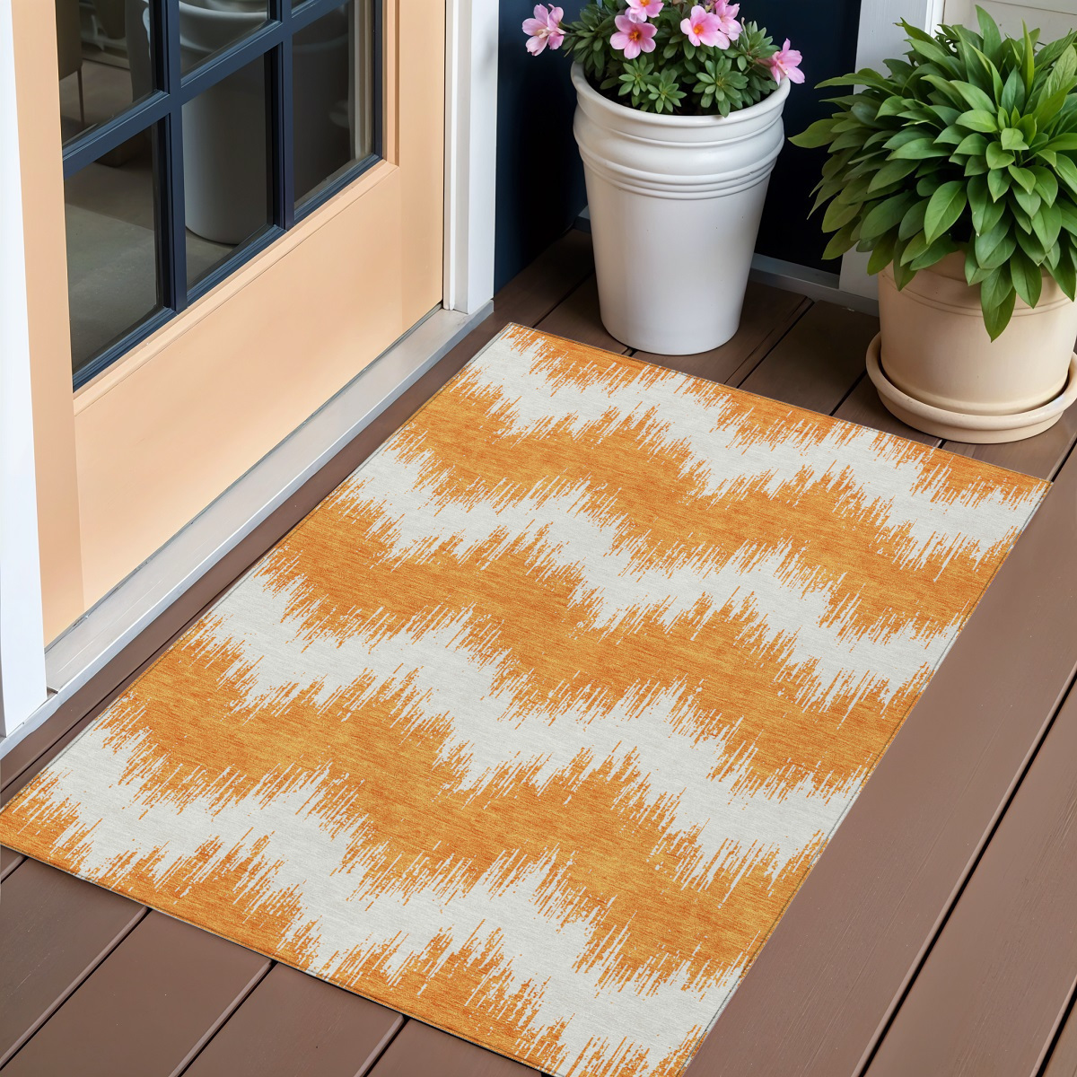 3' X 5' Orange And Ivory Chevron Washable Indoor Outdoor Area Rug-591807-1