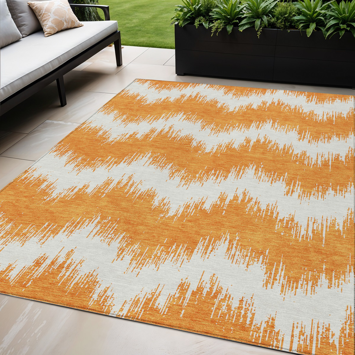 5' X 8' Orange And Ivory Chevron Washable Indoor Outdoor Area Rug-591808-1
