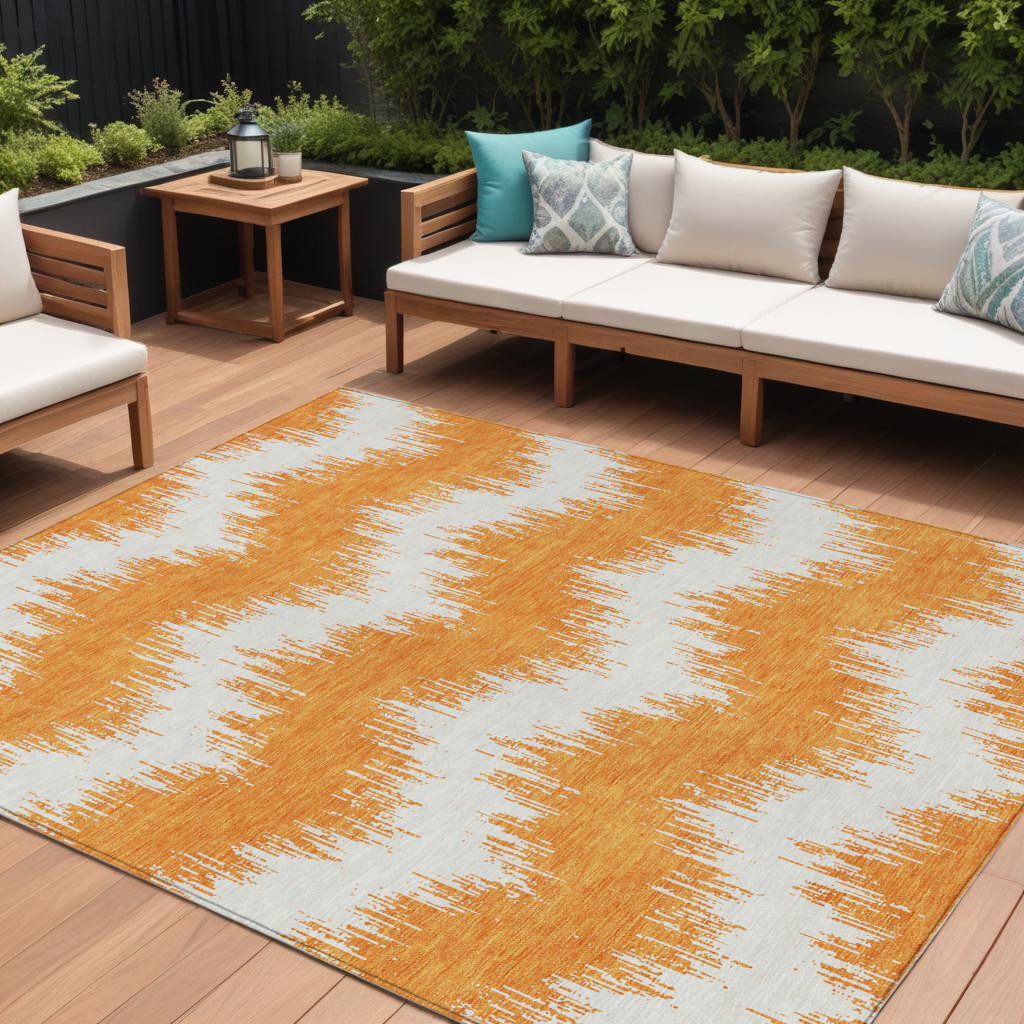 9' X 12' Orange And Ivory Chevron Washable Indoor Outdoor Area Rug-591811-1