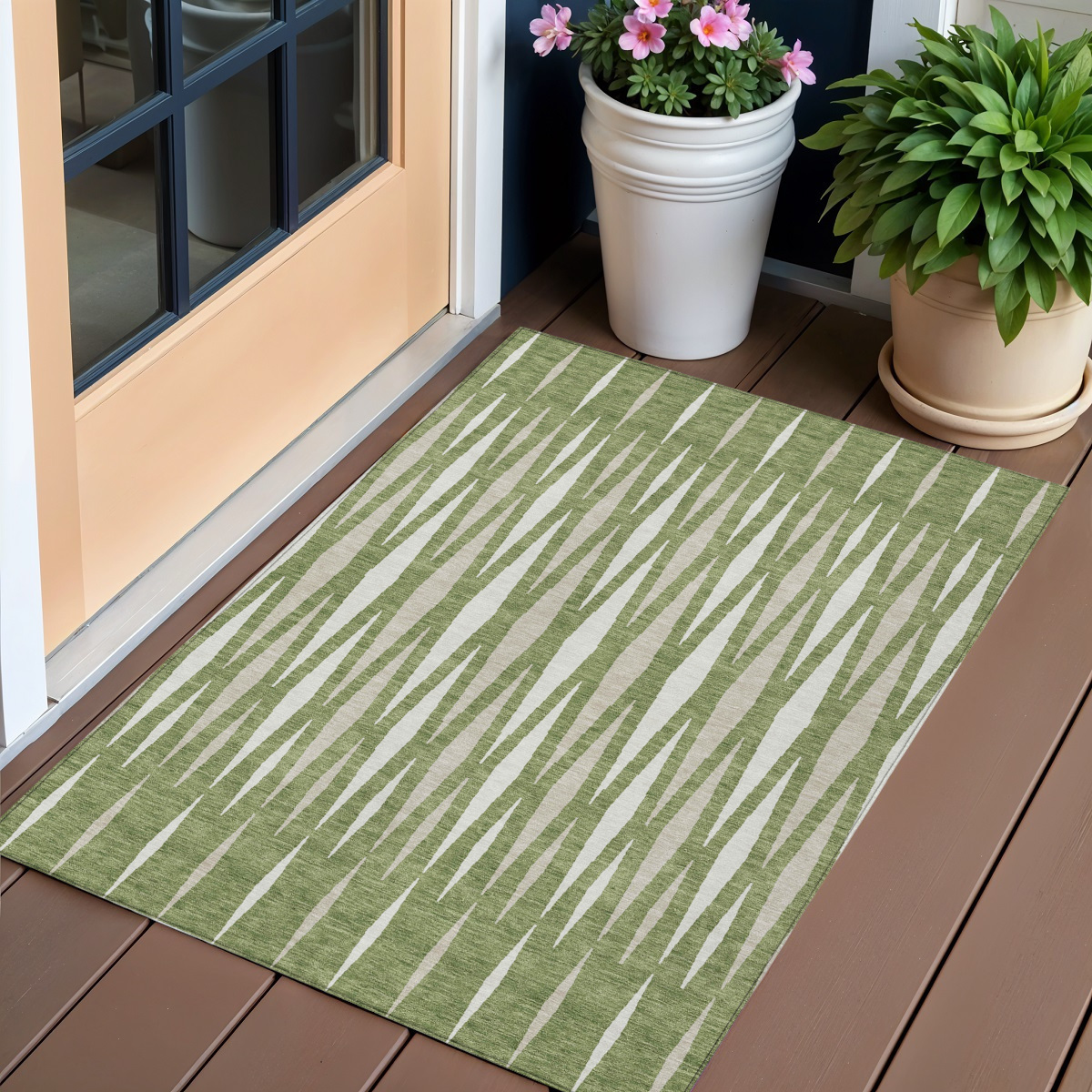 3' X 5' Green And Ivory Geometric Washable Indoor Outdoor Area Rug-591873-1