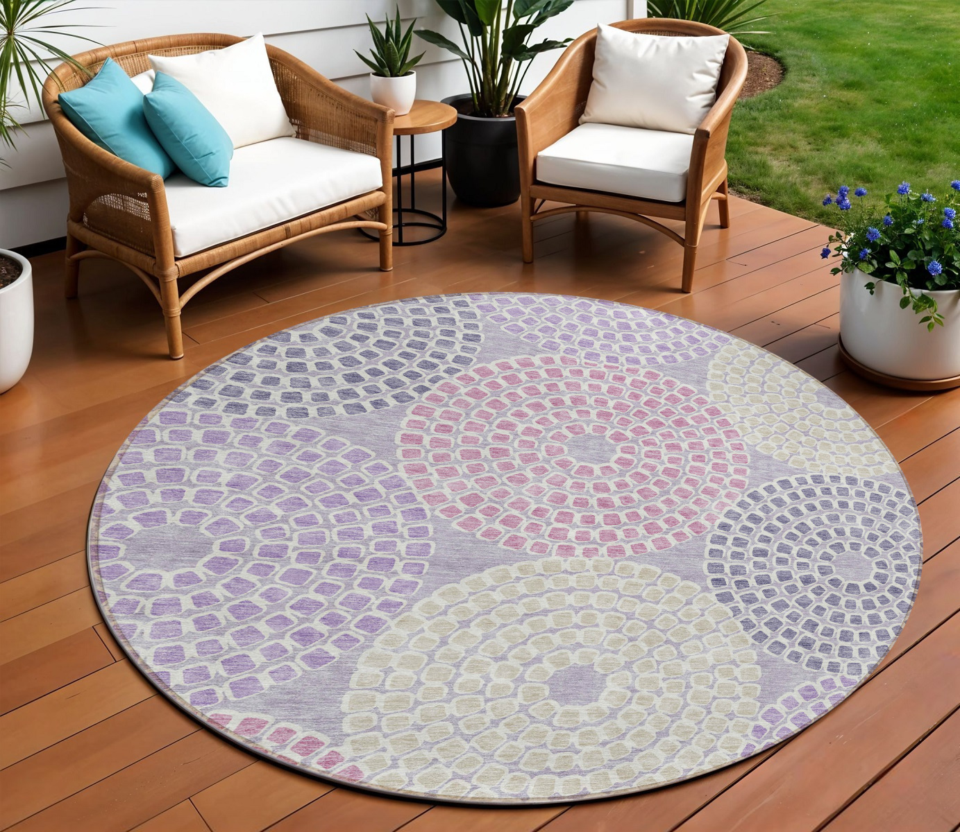 8' Lavender Purple And Gray Round Geometric Washable Indoor Outdoor Area Rug-591959-1
