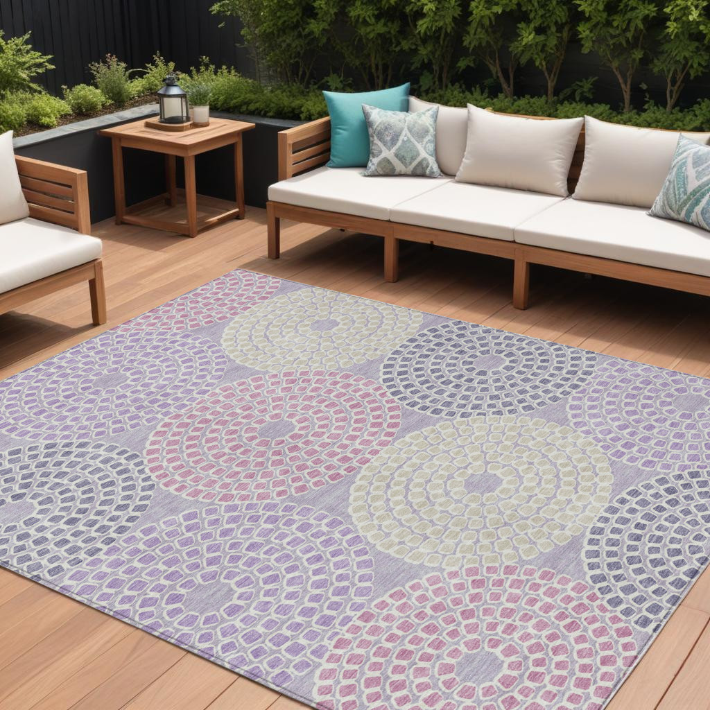 9' X 12' Lavender Purple And Gray Geometric Washable Indoor Outdoor Area Rug-591961-1
