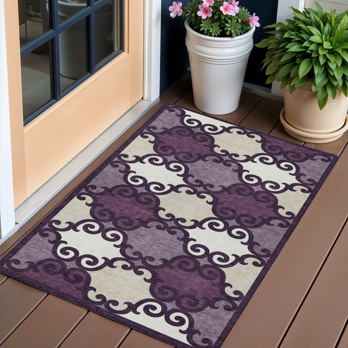 3' X 5' Eggplant And Ivory Trellis Washable Indoor Outdoor Area Rug-592005-1
