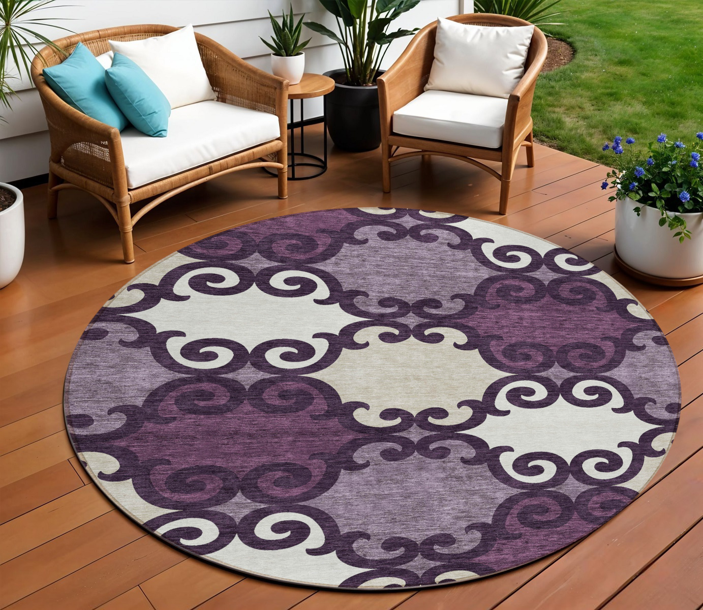 8' Eggplant And Ivory Round Trellis Washable Indoor Outdoor Area Rug-592007-1
