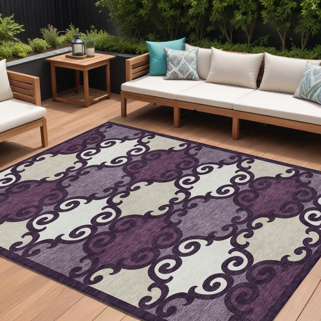 10' X 14' Eggplant And Ivory Trellis Washable Indoor Outdoor Area Rug-592010-1
